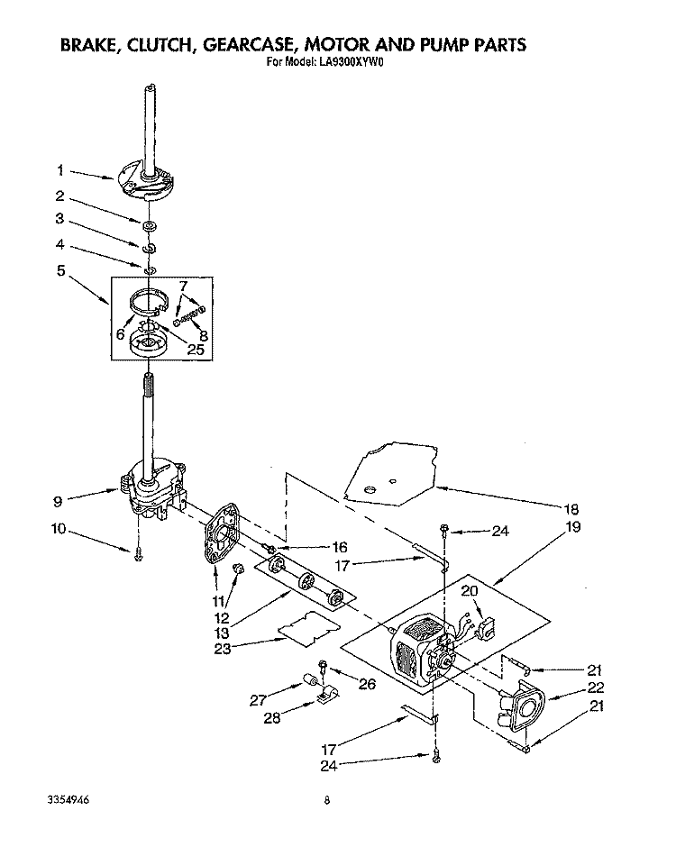 BRAKE, CLUTCH, GEARCASE, MOTOR AND PUMP Diagram and Parts List for LA9300XYN0  Whirlpool Washer