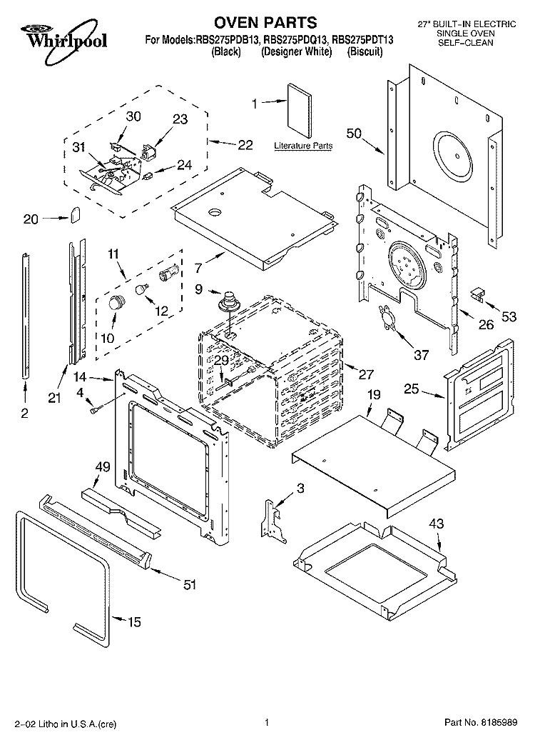 OVEN, LITERATURE Diagram and Parts List for RBS275PDT13  Whirlpool Wall Oven