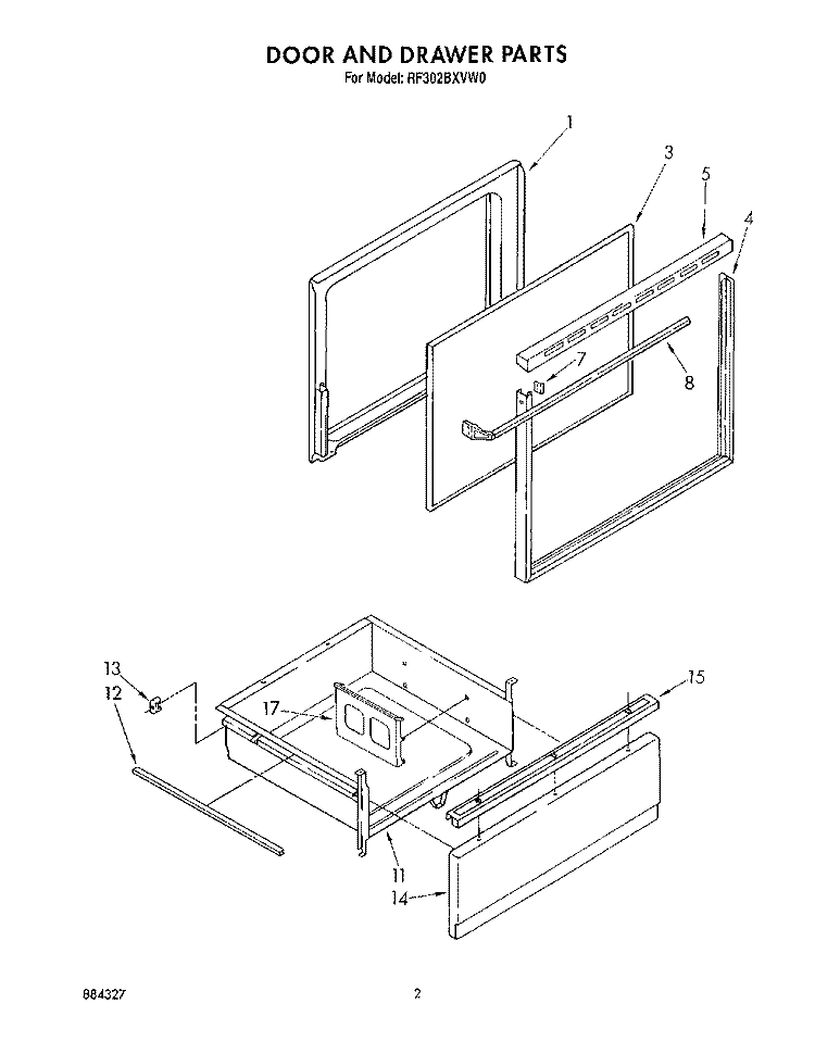 DOOR AND DRAWER Diagram and Parts List for RF302BXVN0  Whirlpool Range