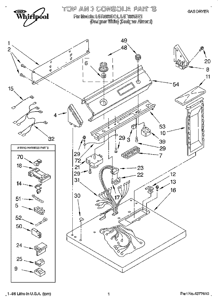 TOP AND CONSOLE, LIT/OPTIONAL Diagram and Parts List for LGT8858DQ1  Whirlpool Dryer