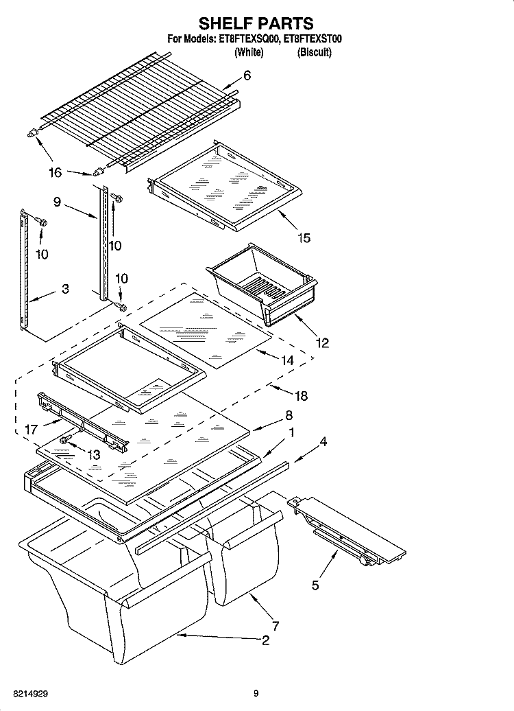 SHELF PARTS, OPTIONAL PARTS Diagram and Parts List for ET8FTEXST00  Whirlpool Refrigerator