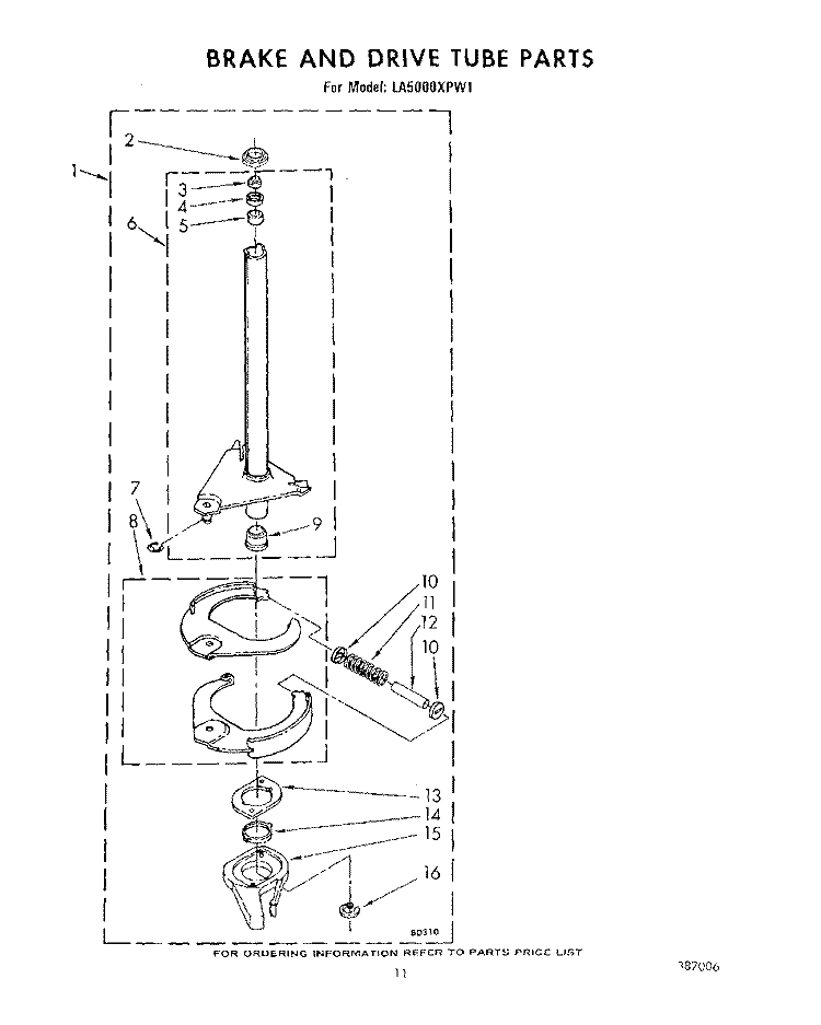 BRAKE AND DRIVE TUBE Diagram and Parts List for LA5000XPW1  Whirlpool Washer