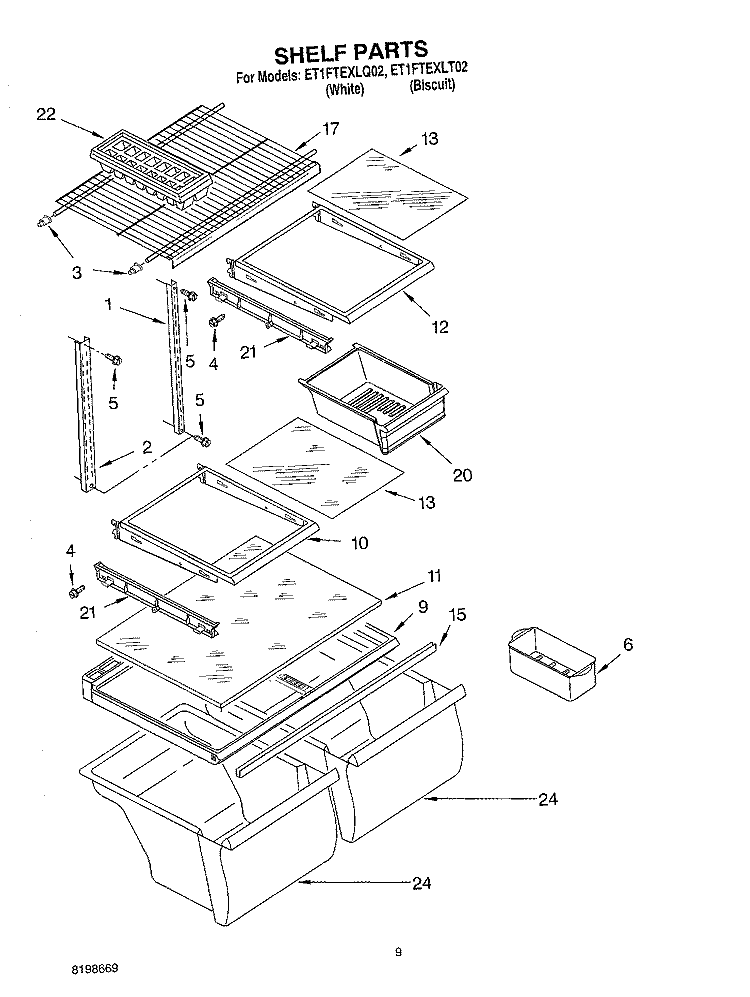 SHELF PARTS, OPTIONAL PARTS Diagram and Parts List for ET1FTEXLQ02  Whirlpool Refrigerator