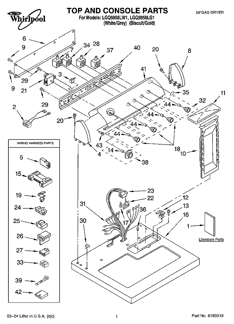 TOP AND CONSOLE PARTS Diagram and Parts List for LGQ9858LG1  Whirlpool Dryer