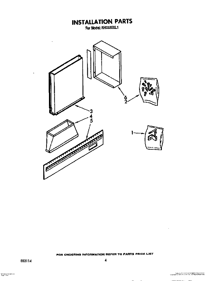 INSTALLATION PARTS Diagram and Parts List for RH3330XL1  Whirlpool Range Hood