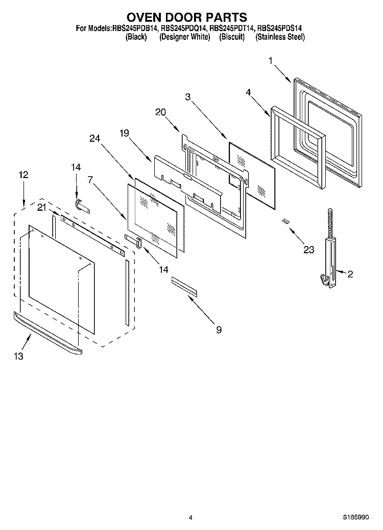 OVEN DOOR Diagram and Parts List for RBS245PDT14  Whirlpool Wall Oven