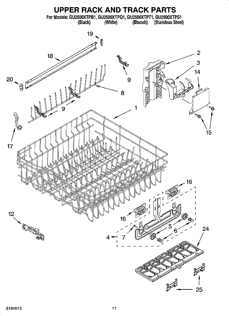UPPER RACK AND TRACK PARTS Diagram and Parts List for GU2500XTPT1  Whirlpool Dishwasher