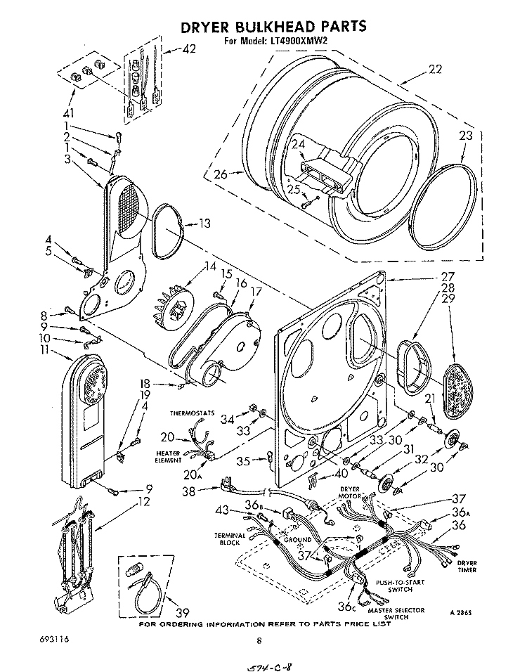 DRYER BULKHEAD Diagram and Parts List for LT4900XMW2  Whirlpool Washer Dryer Combo