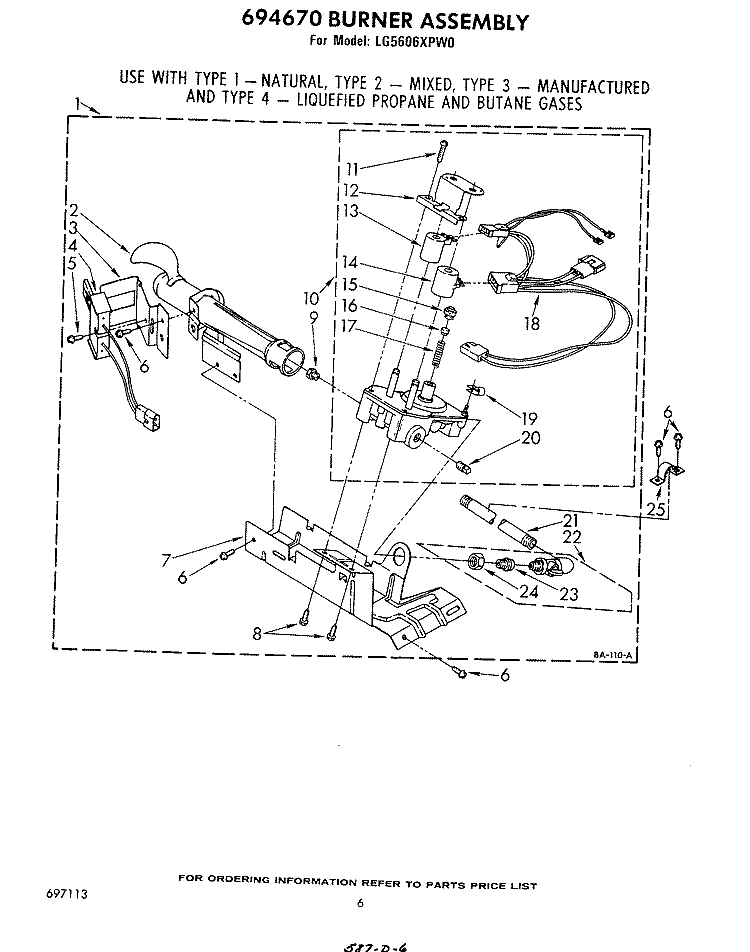 694670 BURNER Diagram and Parts List for LG5606XPW0  Whirlpool Dryer