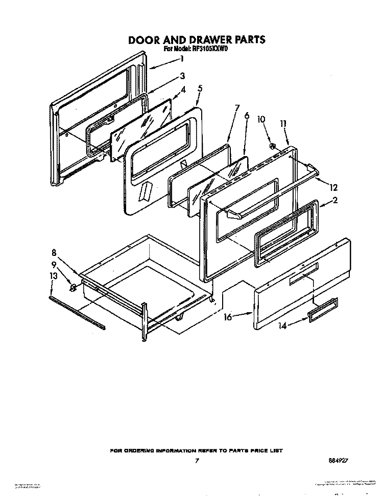 DOOR AND DRAWER Diagram and Parts List for RF3105XXN0  Whirlpool Range