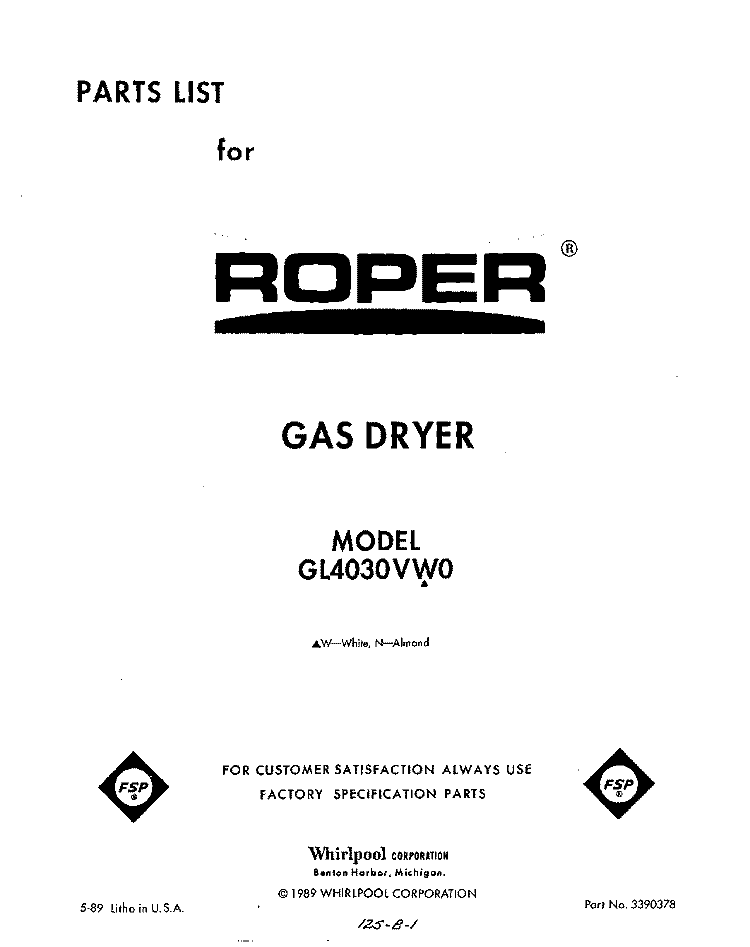 TOP AND CONSOLE Diagram and Parts List for GL4030VL0  Roper Dryer