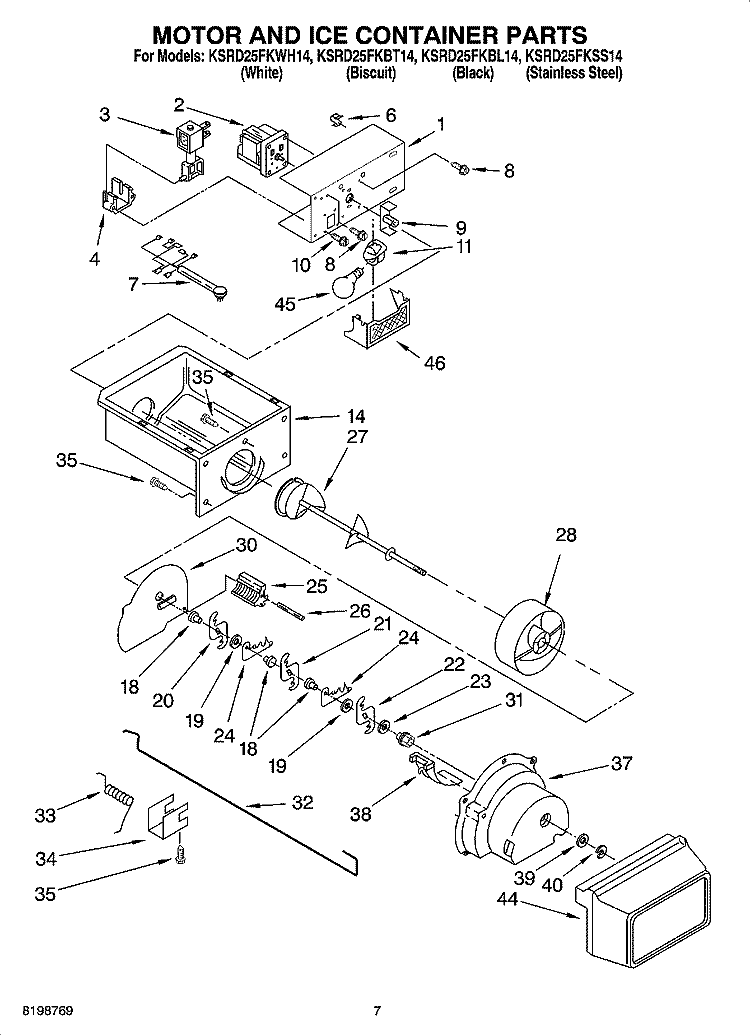 MOTOR AND ICE CONTAINER PARTS Diagram and Parts List for KSRD25FKBL14  KitchenAid Refrigerator