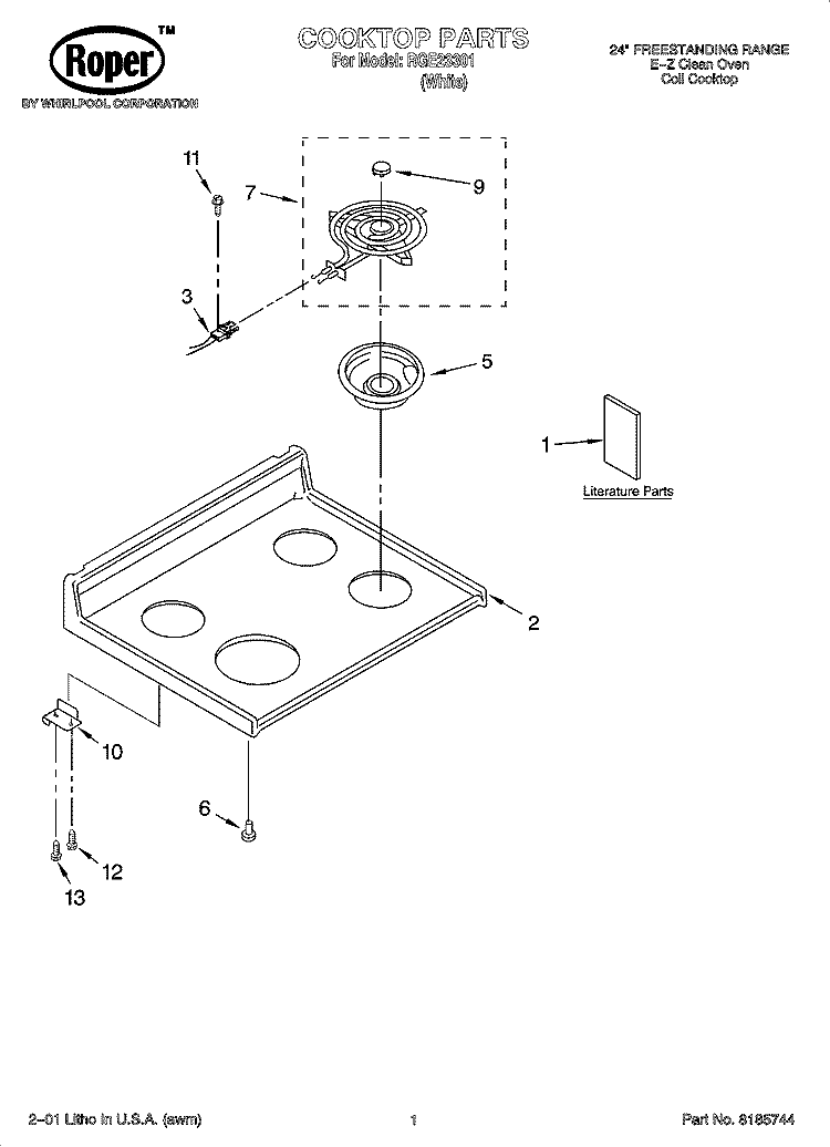 COOKTOP PARTS Diagram and Parts List for RGE23301  Roper Range