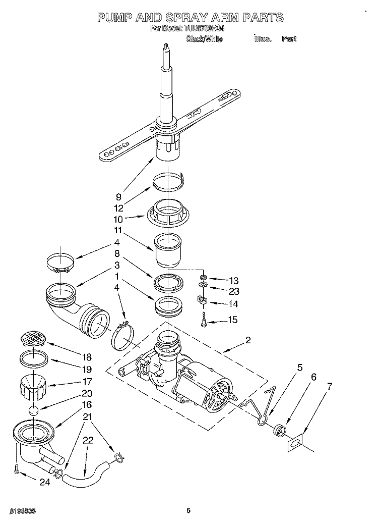 PUMP AND SPRAYARM Diagram and Parts List for TUD5700EQ4  Estate Dishwasher