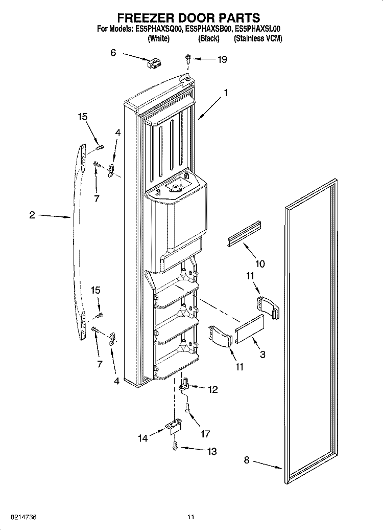 FREEZER DOOR PARTS Diagram and Parts List for ES5PHAXSB00  Whirlpool Refrigerator