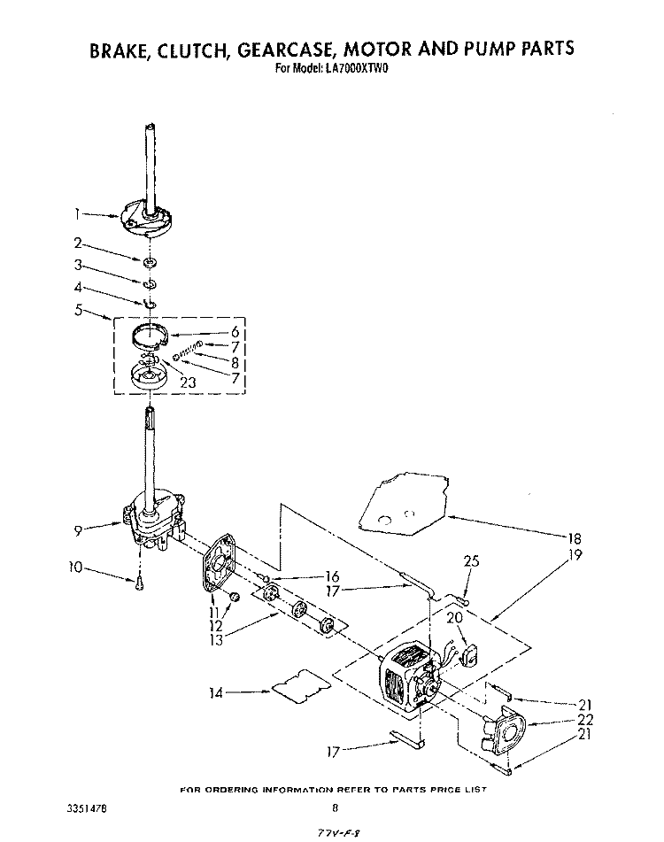BRAKE, CLUTCH, GEARCASE, MOTOR AND PUMP Diagram and Parts List for LA7000XTN0  Whirlpool Washer
