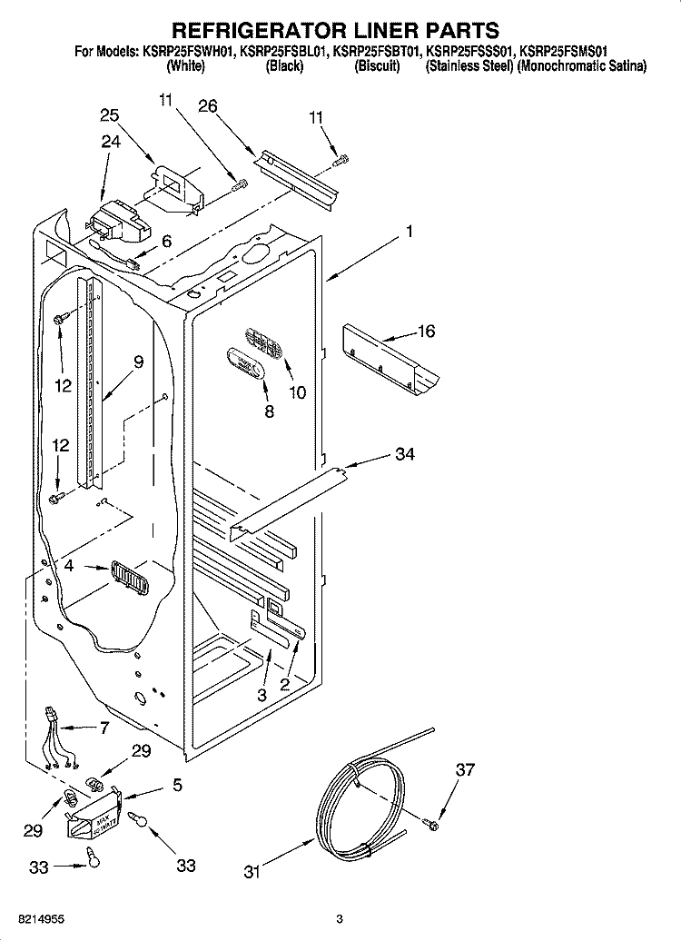 REFRIGERATOR LINER PARTS Diagram and Parts List for KSRP25FSSS01  KitchenAid Refrigerator