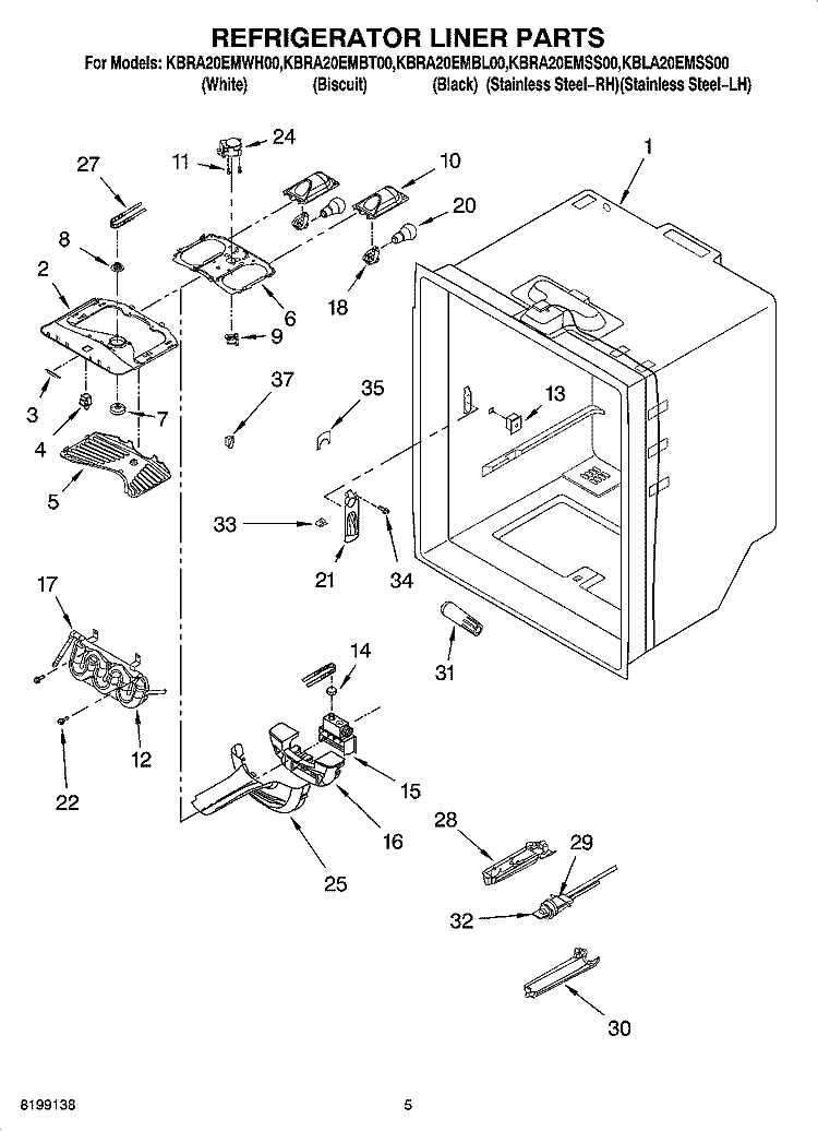 REFRIGERATOR LINER PARTS Diagram and Parts List for KBRA20EMBT00  KitchenAid Refrigerator