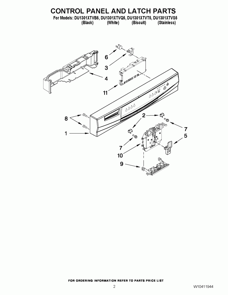 CONTROL PANEL AND LATCH PARTS Diagram and Parts List for DU1301XTVQ5  Whirlpool Dishwasher