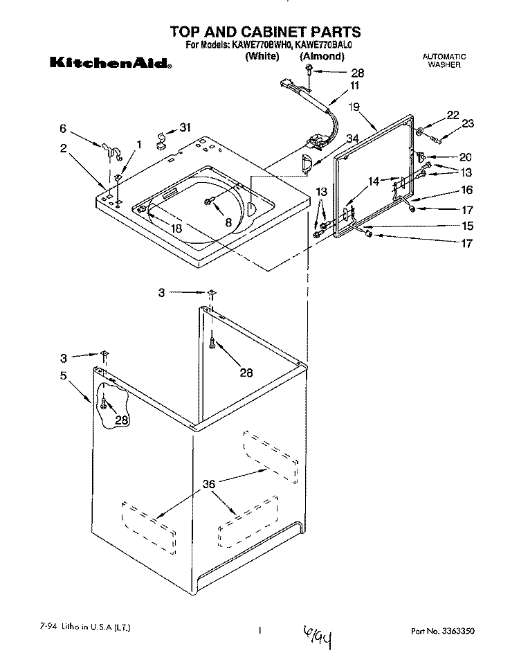 TOP AND CABINET, LIT/OPTIONAL Diagram and Parts List for KAWE770BWH0  KitchenAid Washer
