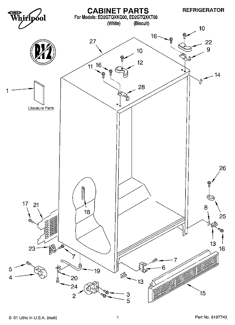 CABINET, LITERATURE Diagram and Parts List for ED2GTQXKQ00  Whirlpool Refrigerator