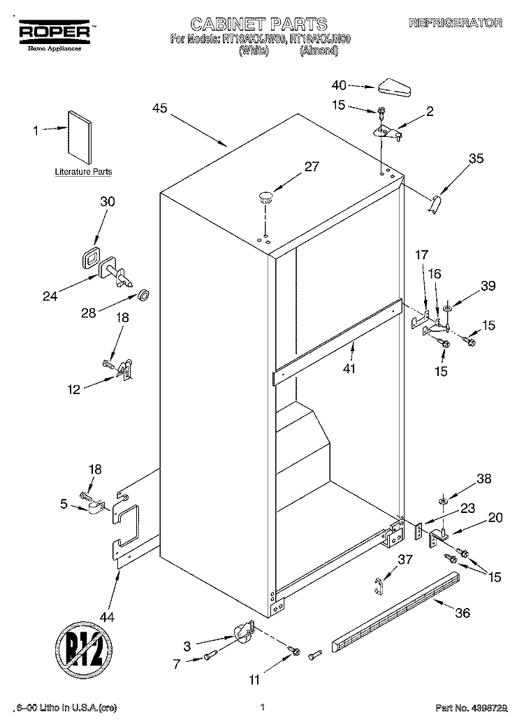 CABINET, LITERATURE Diagram and Parts List for RT18AKXJN00  Roper Refrigerator