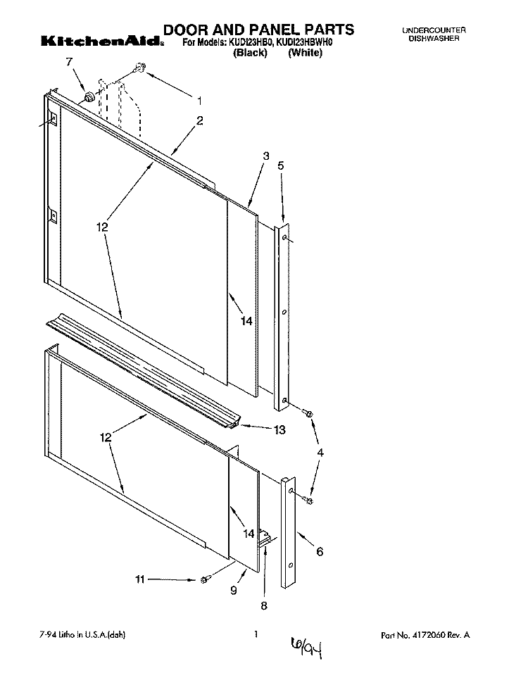 DOOR AND PANEL Diagram and Parts List for KUDI23HBWH0  KitchenAid Dishwasher