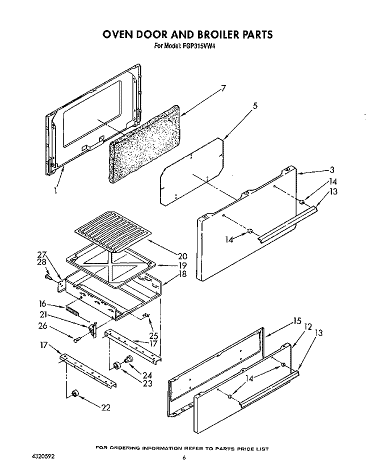 OVEN DOOR AND BROILER Diagram and Parts List for FGP315VW4  Roper Range
