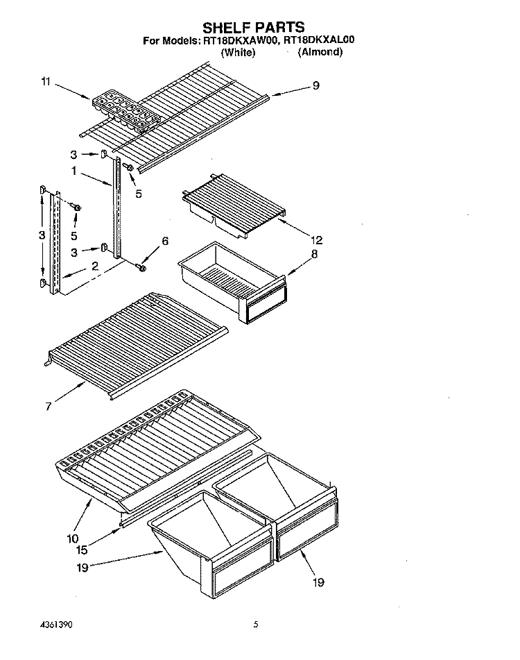 SHELF Diagram and Parts List for RT18DKXAW00  Roper Refrigerator