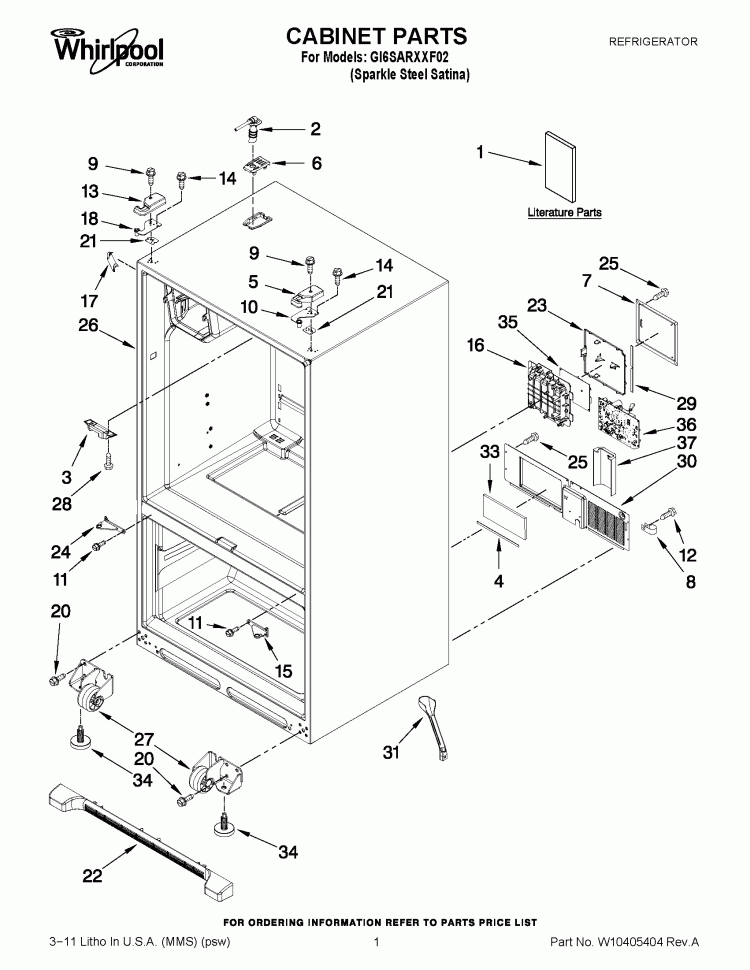 CABINET PARTS Diagram and Parts List for GI6SARXXF02  Whirlpool Refrigerator