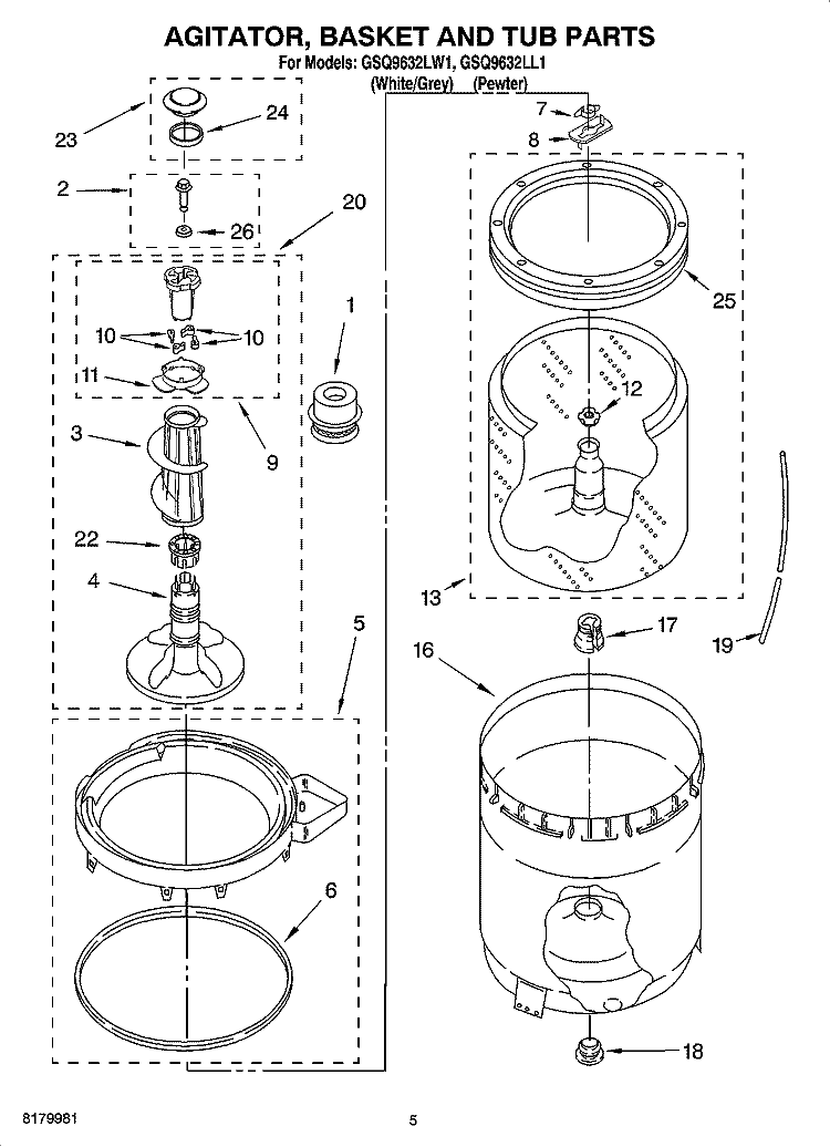 AGITATOR, BASKET AND TUB PARTS Diagram and Parts List for GSQ9632LL1  Whirlpool Washer