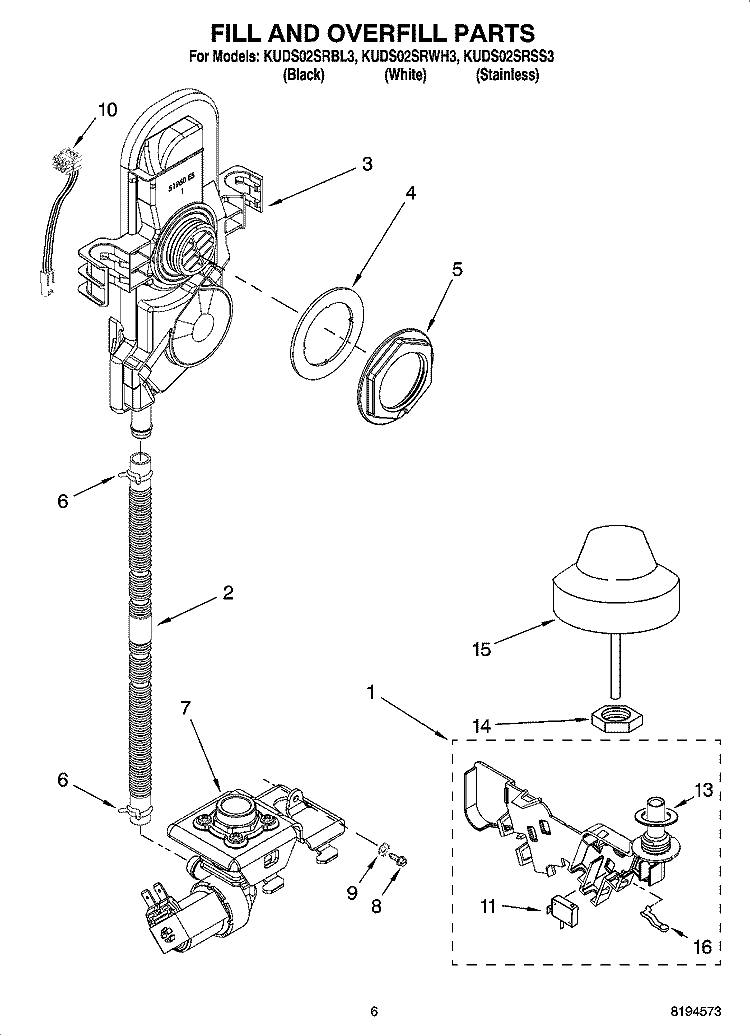 FILL AND OVERFILL PARTS Diagram and Parts List for KUDS02SRSS3  KitchenAid Dishwasher