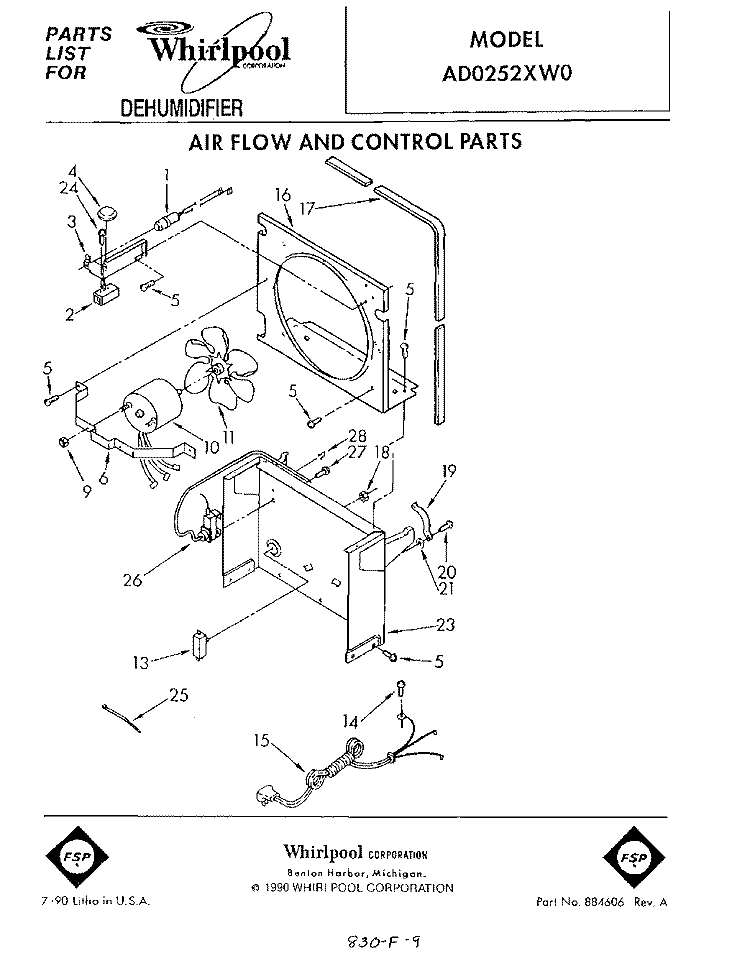 SECTION Diagram and Parts List for AD0252XW0  Whirlpool Dehumidifier