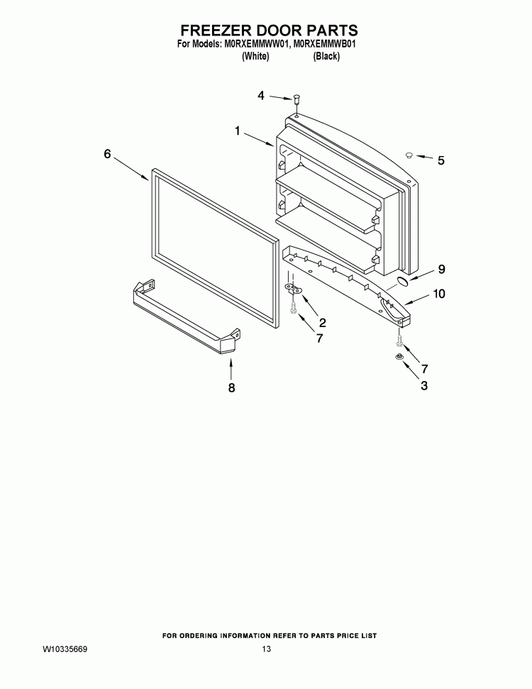 FREEZER DOOR PARTS Diagram and Parts List for M0RXEMMWB01  Whirlpool Refrigerator