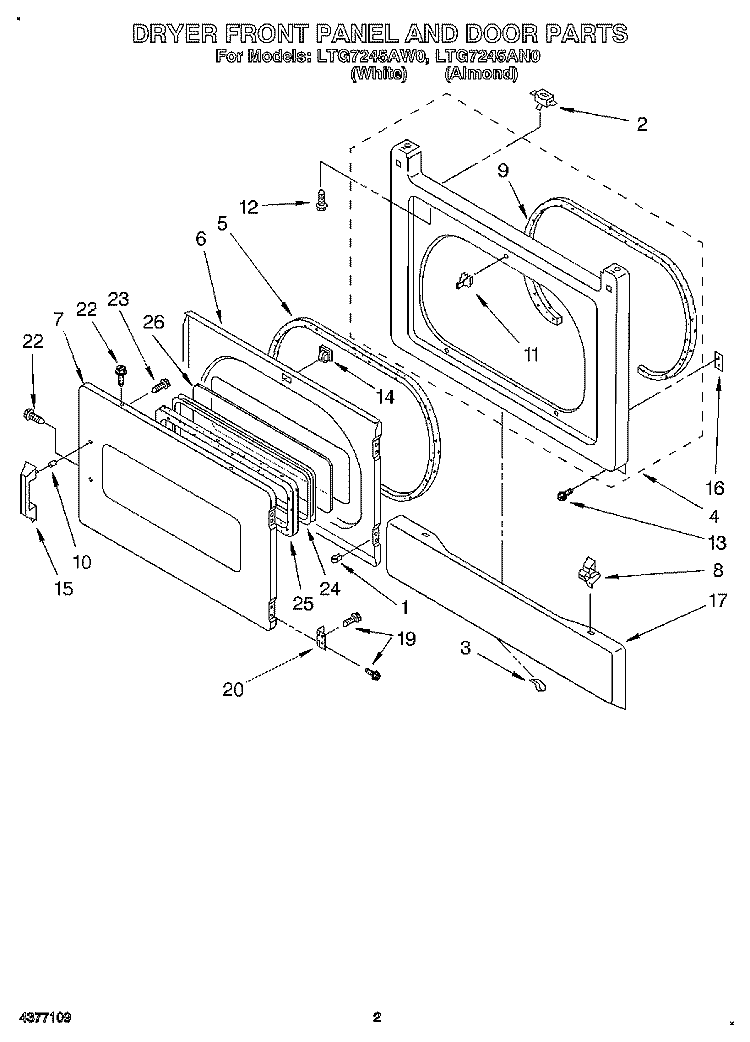 DRYER FRONT PANEL AND DOOR Diagram and Parts List for LTG7245AN0  Whirlpool Washer Dryer Combo