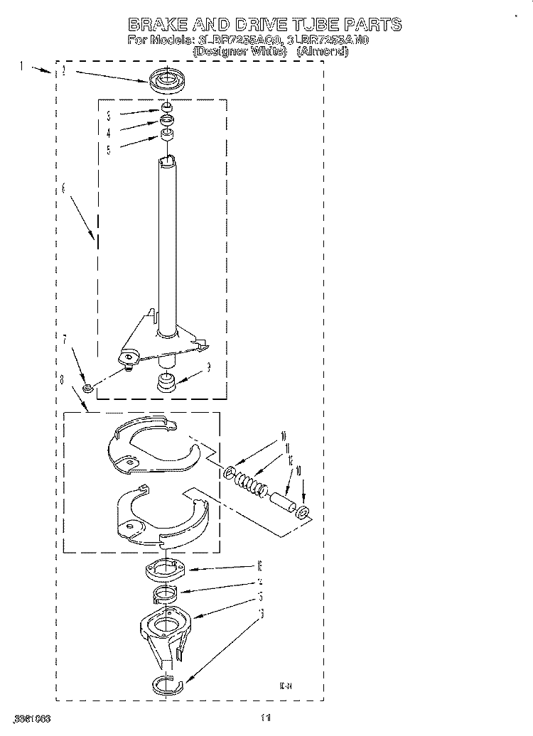 BRAKE AND DRIVE TUBE Diagram and Parts List for 3LBR7255AN0  Whirlpool Washer