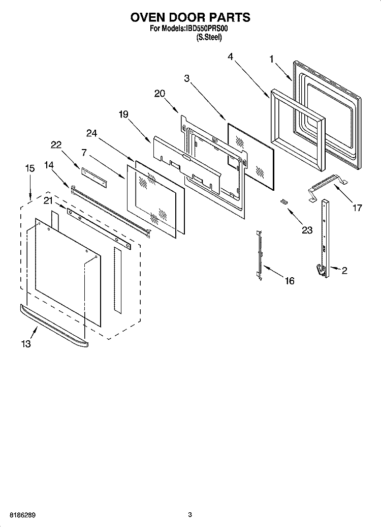 OVEN DOOR PARTS Diagram and Parts List for IBD550PRS00  Whirlpool Wall Oven