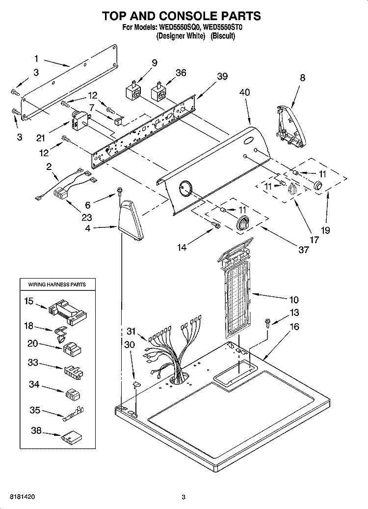 TOP AND CONSOLE PARTS Diagram and Parts List for WED5550ST0  Whirlpool Dryer