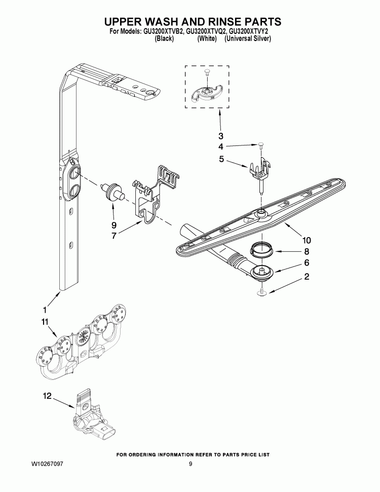 UPPER WASH AND RINSE PARTS Diagram and Parts List for GU3200XTVY2  Whirlpool Dishwasher
