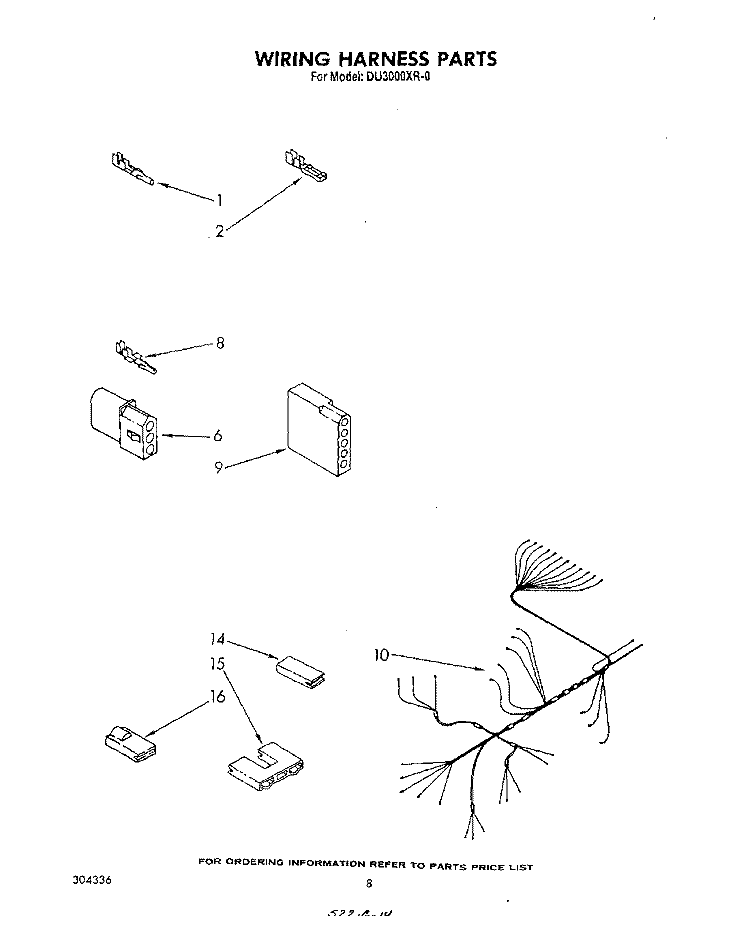 WIRING HARNESS Diagram and Parts List for DU3000XR0  Whirlpool Dishwasher