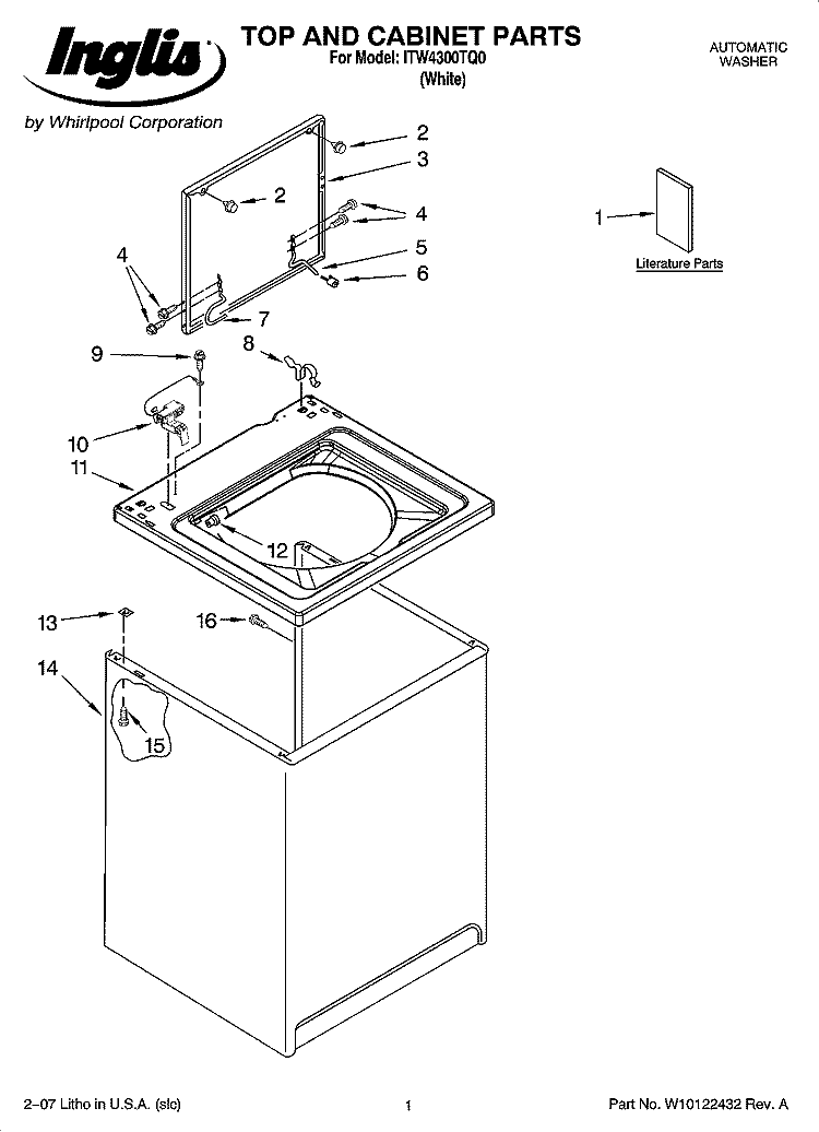 TOP AND CABINET PARTS Diagram and Parts List for ITW4300TQ0  Inglis Washer