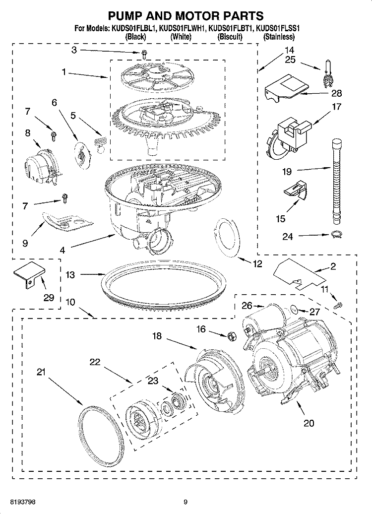 PUMP AND MOTOR PARTS Diagram and Parts List for KUDS01FLSS1  KitchenAid Dishwasher