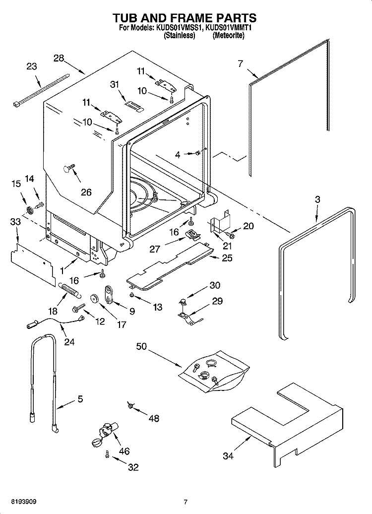 TUB AND FRAME PARTS Diagram and Parts List for KUDS01VMMT1  KitchenAid Dishwasher