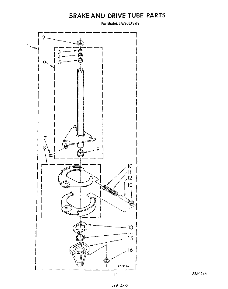 BRAKE AND DRIVE TUBE Diagram and Parts List for LA7800XSW2  Whirlpool Washer