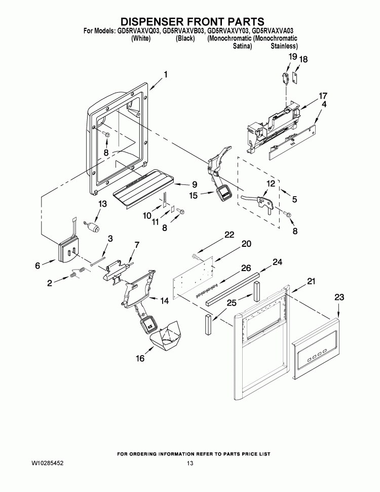 DISPENSER FRONT PARTS Diagram and Parts List for GD5RVAXVB03  Whirlpool Refrigerator