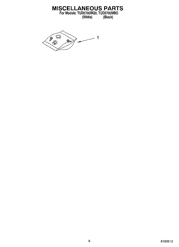 OPTIONAL PARTS (NOT INCLUDED) MISCELLANEOUS PARTS Diagram and Parts List for TUD5700MQ0  Estate Dishwasher