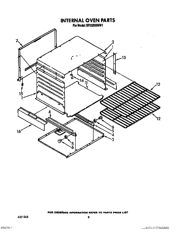 INTERNAL OVEN Diagram and Parts List for SF3020SWW1  Whirlpool Range