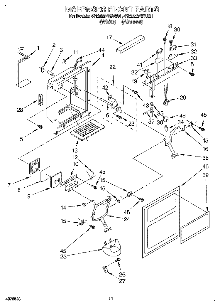 DISPENSER FRONT Diagram and Parts List for 4YED22PWAW01  Whirlpool Refrigerator