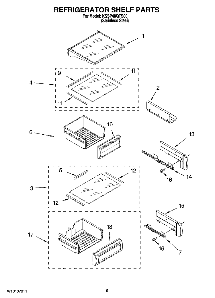 REFRIGERATOR SHELF PARTS Diagram and Parts List for KSSP48QTS00  KitchenAid Refrigerator