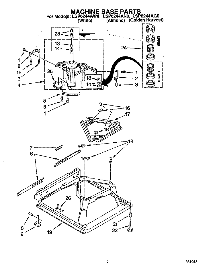 MACHINE BASE Diagram and Parts List for LSP6244AN0  Whirlpool Washer